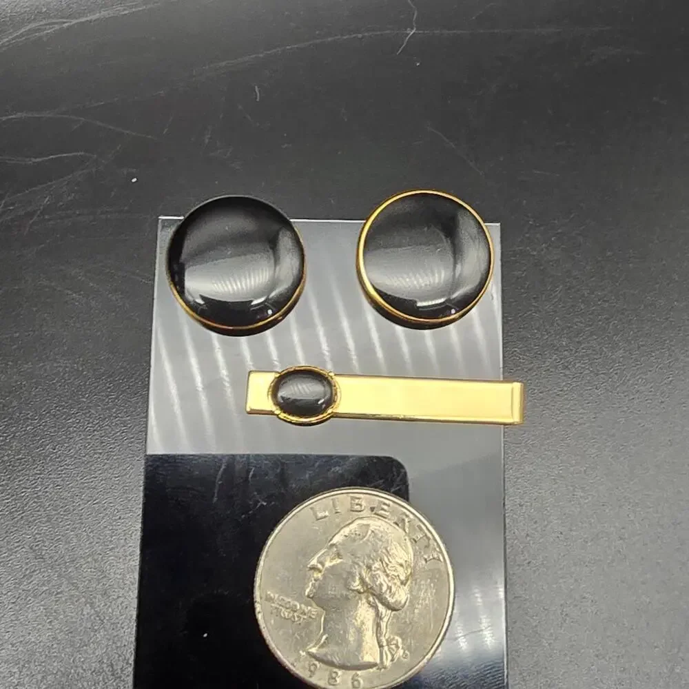Gold Tone Black Enamel Round Cufflinks Tie Clip Tie Bar Set